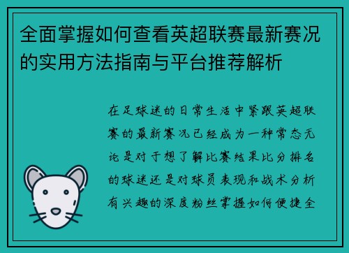 全面掌握如何查看英超联赛最新赛况的实用方法指南与平台推荐解析